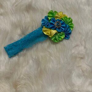 Aqua, Green and Yellow 3 1/2" Satin Flower Cluster on Lace FOE Headband